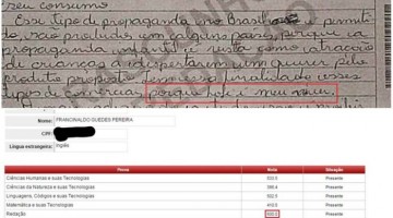 Trecho da folha de rascunho de redação com o trecho 'porque hoje é meu niver' e as notas do candidato (Foto: Reprodução)